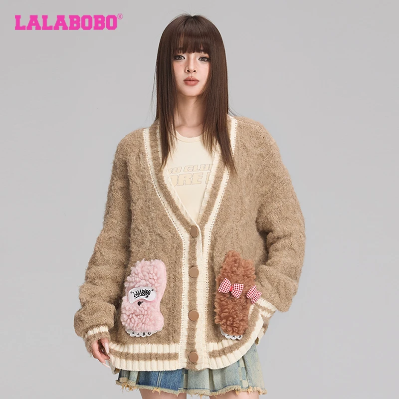 LALABOBO长袖针织女士宽松毛绒保暖秋季甜美开襟毛织RBDC-TM30