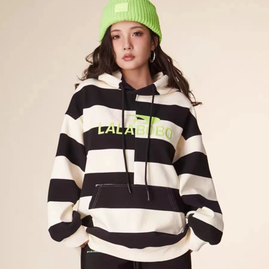 LALABOBO新春龙年红色限定宽松休闲条纹连帽套头卫衣|LBCC-WSTS46
