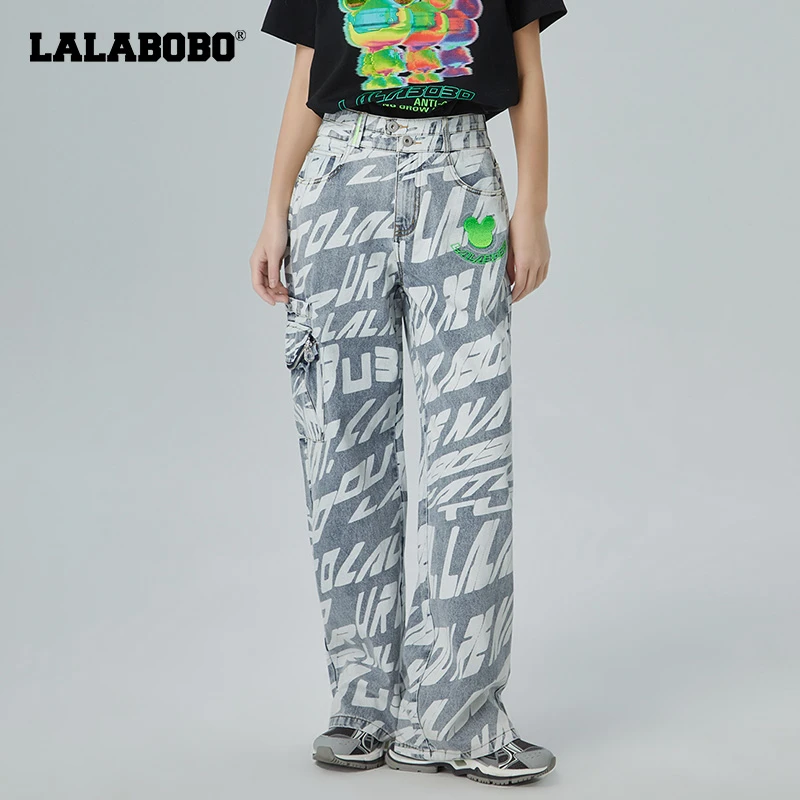 LALABOBO23春季复古老花高腰百搭遮肉显瘦宽松牛仔裤LBCA-WXZC21