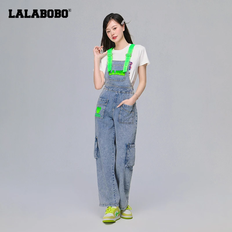 LALABOBO新款春季新款户外风宽松潮流直筒背带牛仔裤|LBCA-WLZT16