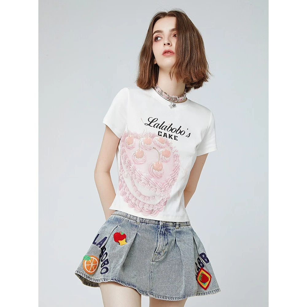 杭州新款设计感蛋糕涂鸦t恤女圆领显瘦辣妹短款上衣短袖RBDC-DT18