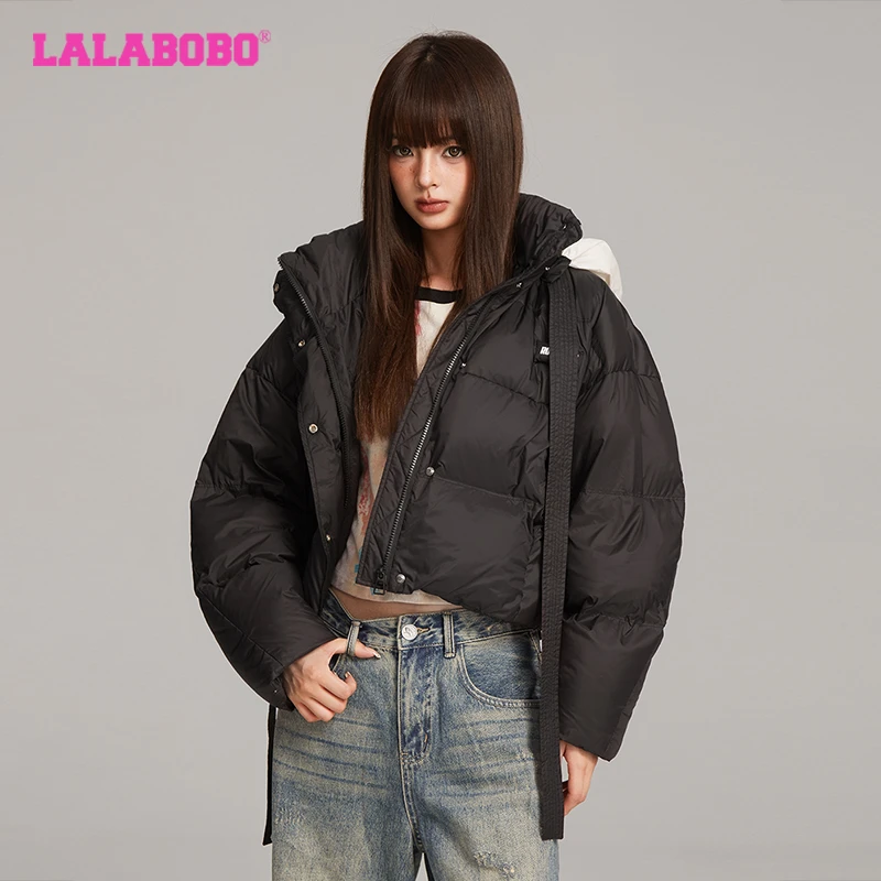 北京LALABOBO2024秋冬连帽字母熊耳朵短款羽绒服LBDC-WSYR23