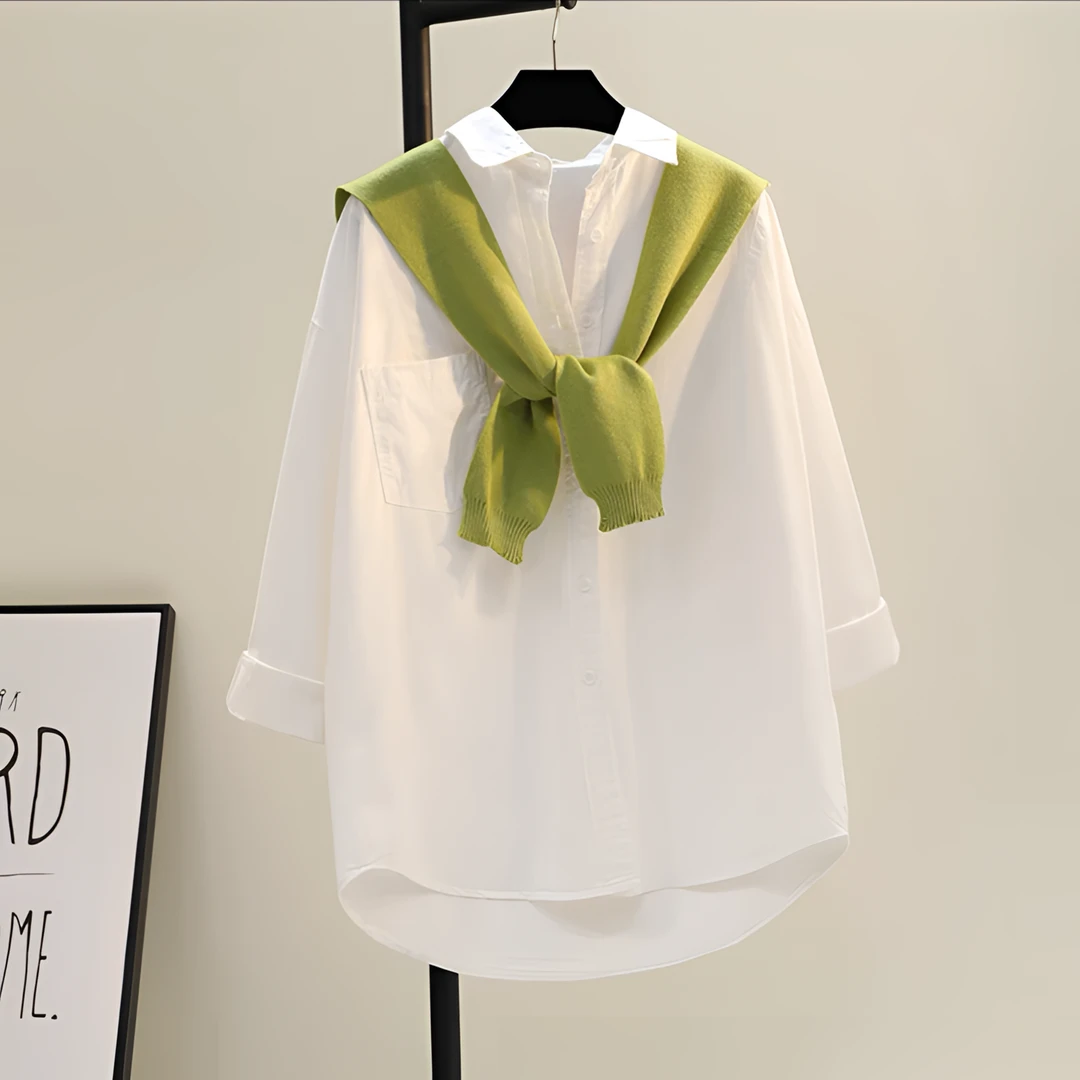 小众设计感披肩两件套中长款衬衫女2024减龄糖果色文艺衬衣上衣