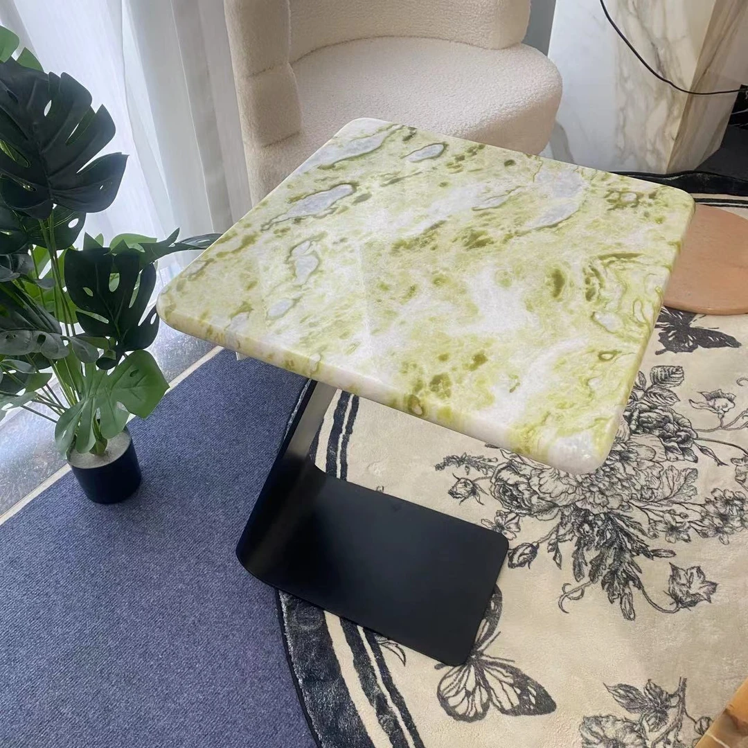 爱尔兰绿大理石边几 碳素钢底座 天然大理石沙发角几边几