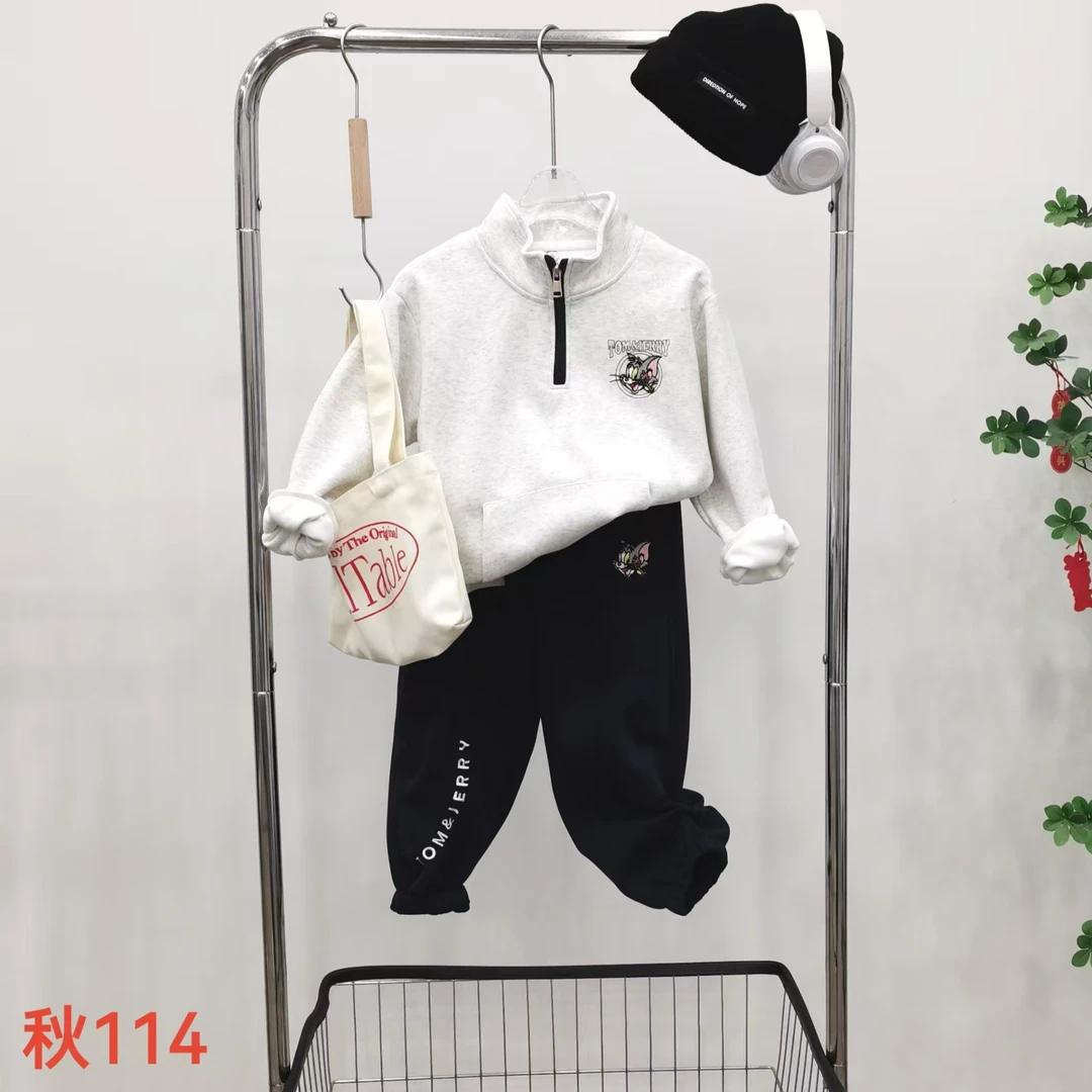QKK114男童立领半拉链套装2024新款秋款卫衣卫裤插兜酷帅童装