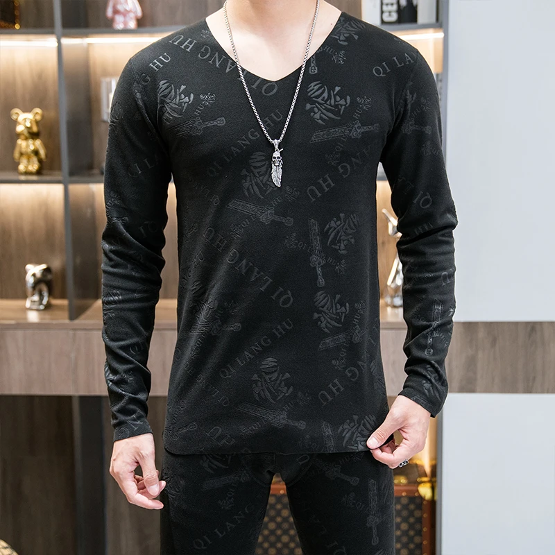 2024冬季个性长袖无痕保暖内衣套装男加厚修身潮流时尚秋衣秋裤男