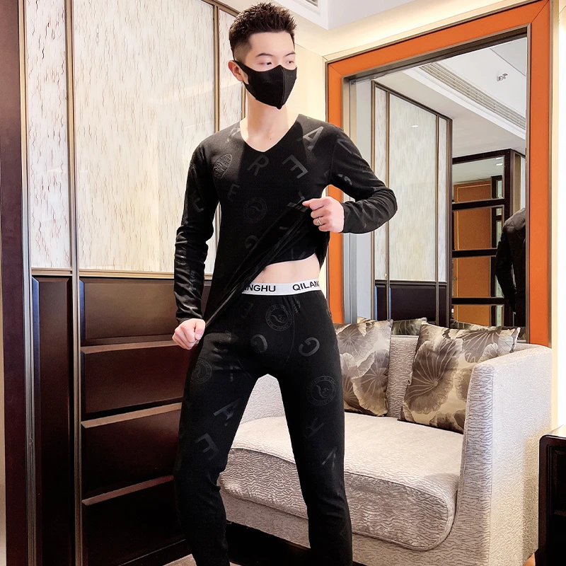 个性6D压花】冬季保暖内衣套装男士长袖修身加厚休闲时尚潮流青年