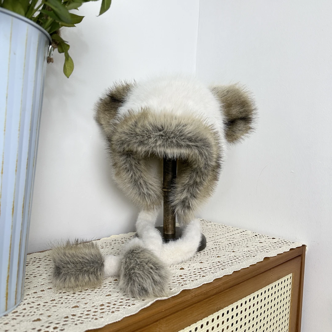 冬季小熊雷锋帽子女毛茸茸人造毛保暖可爱防风防寒护耳套头帽子