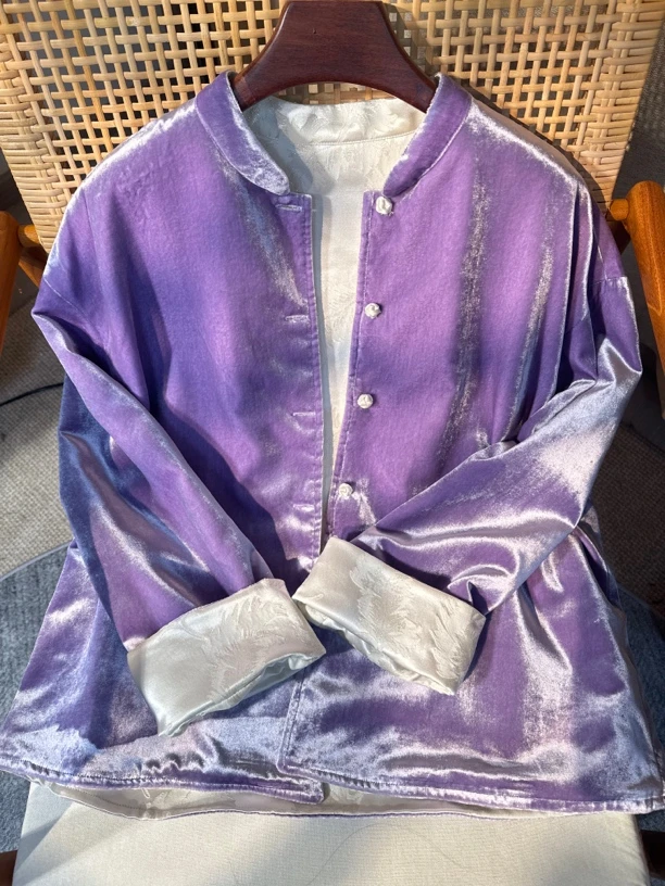 禅意复古新中式轻国风紫色唐装外套女秋装上衣