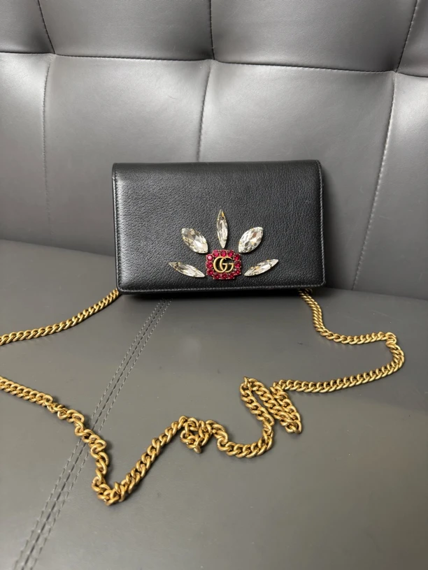 99新 GUCCI/古驰 古驰宝石黑金斜挎包