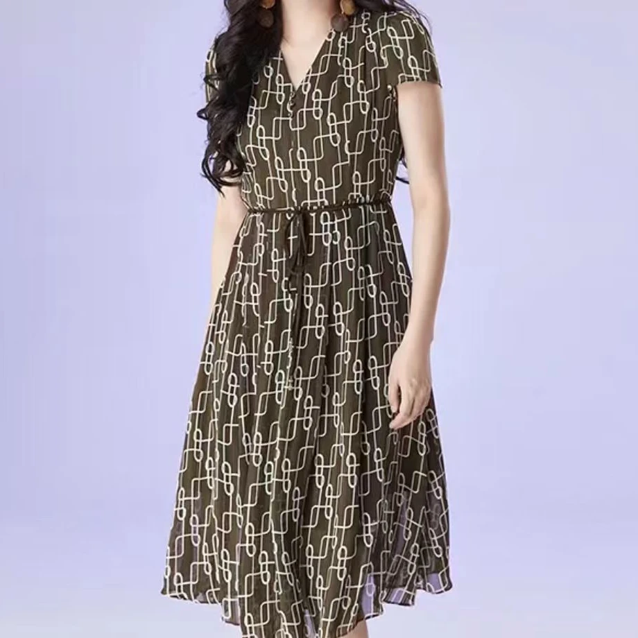 Q482印花V领连衣裙夏季裙子B7