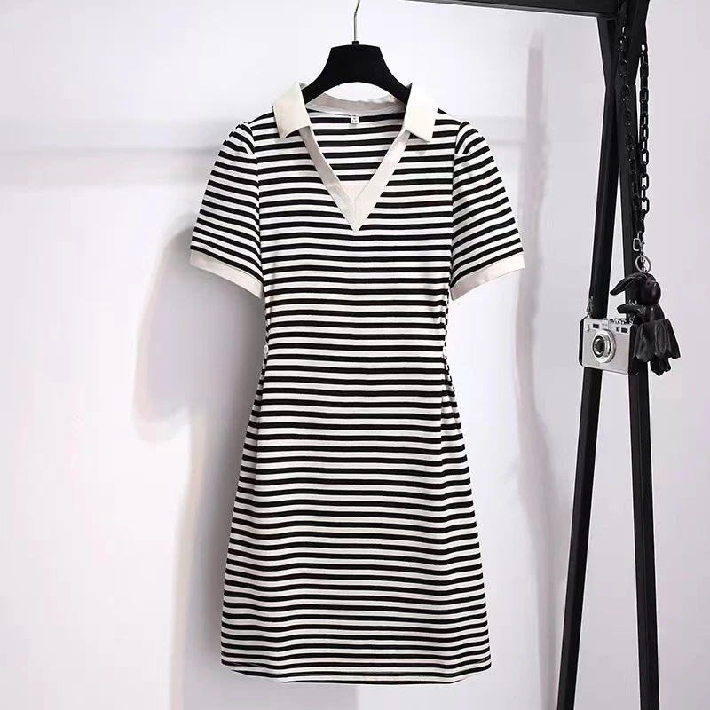 T1098大码显瘦气质时尚条纹修身针织连衣裙