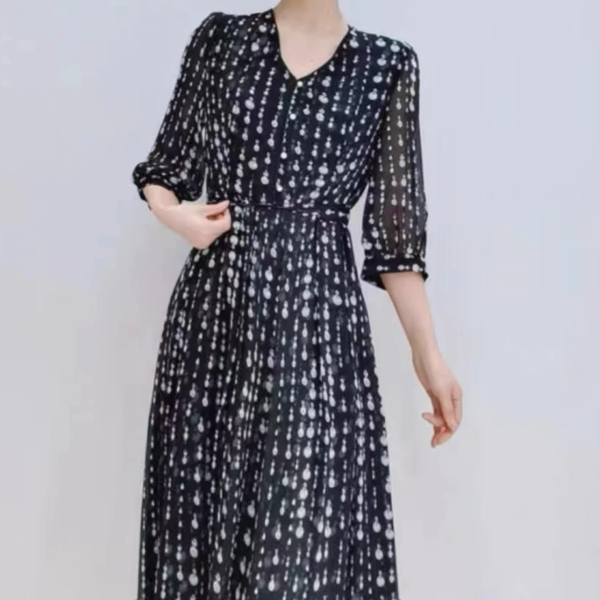 【H1019】2024春款新品 七分袖时尚飘逸长裙显瘦碎花女装连衣裙H7