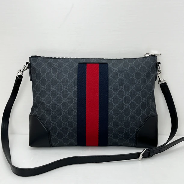 99新 GUCCI/古驰 7055/时尚黑老花红蓝织带斜挎包