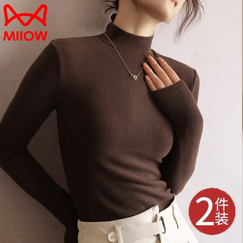猫人中领针织打底衫女2025新款秋冬季内搭半高领保暖长袖上衣咖色