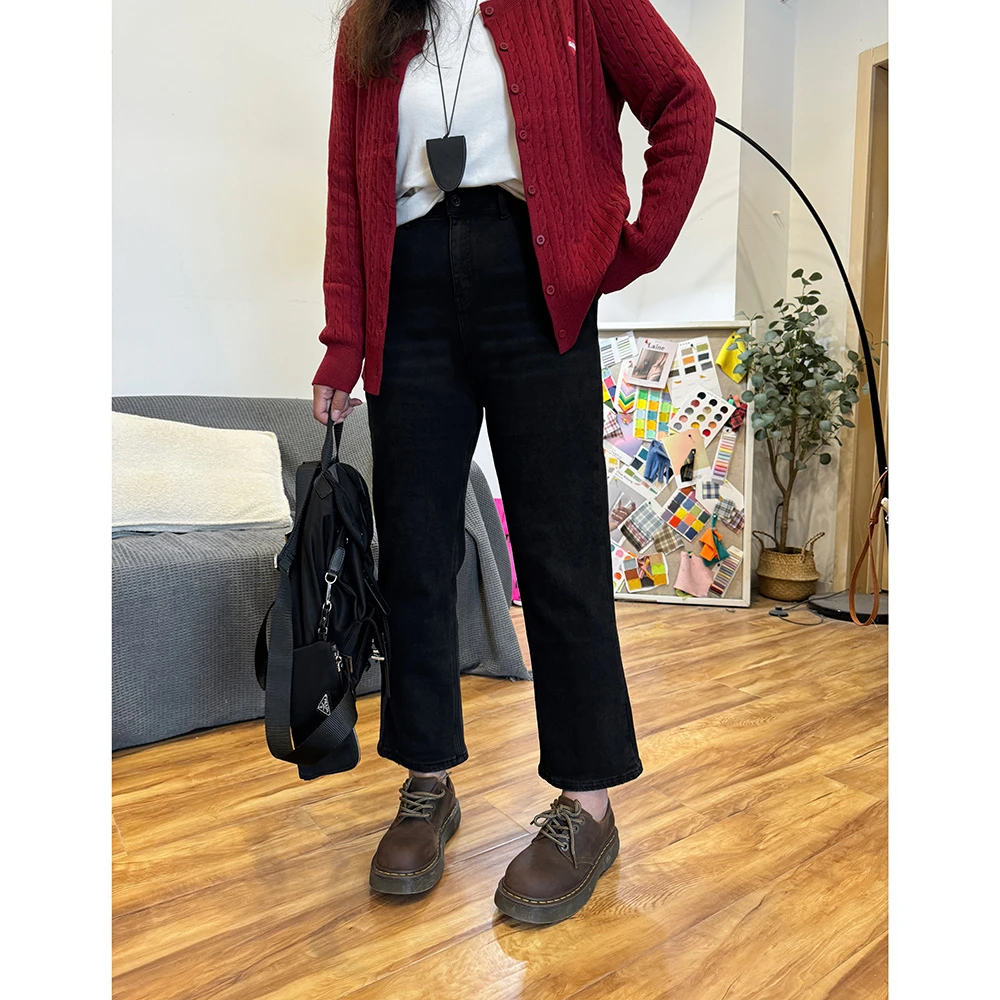 V D095大码胖mm高腰梨型身材遮胯加绒显瘦弹力直筒牛仔裤