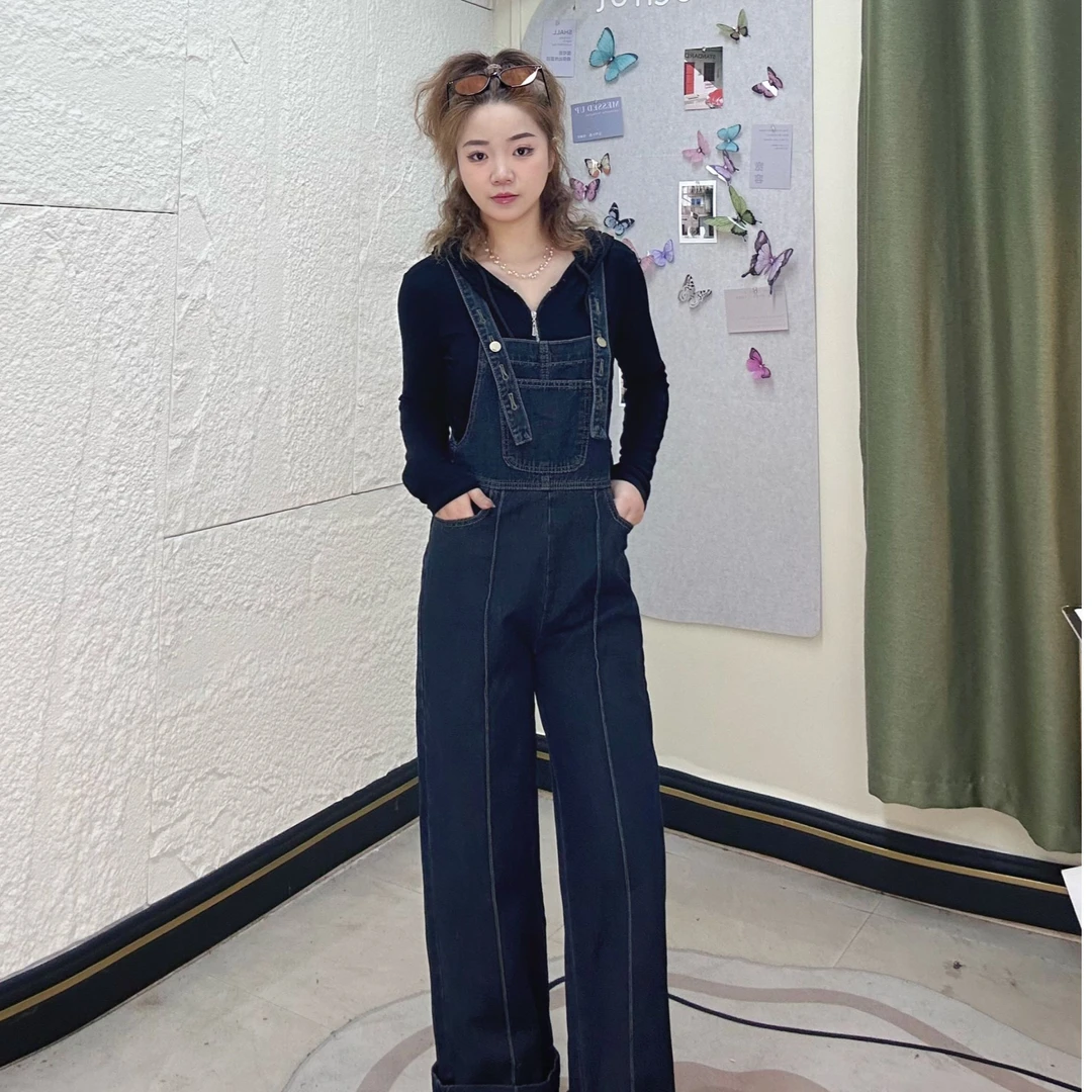 【YY】春夏上新小个子牛仔背带裤丹宁色直筒阔腿裤深色显瘦吊带裤