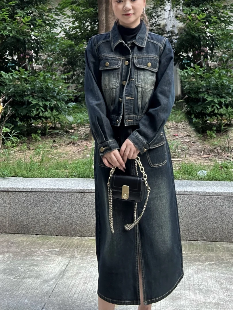 【YY】春夏新款复古牛仔套装女时尚复古宽松显瘦外套长裙修身两件套