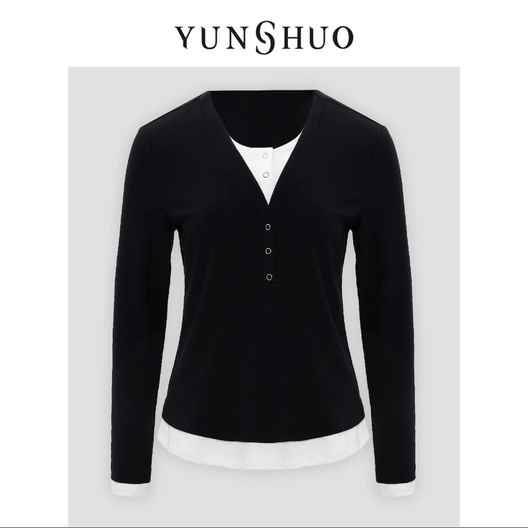 允硕2024秋季新品气质拼接显瘦简约百搭上衣长袖349589