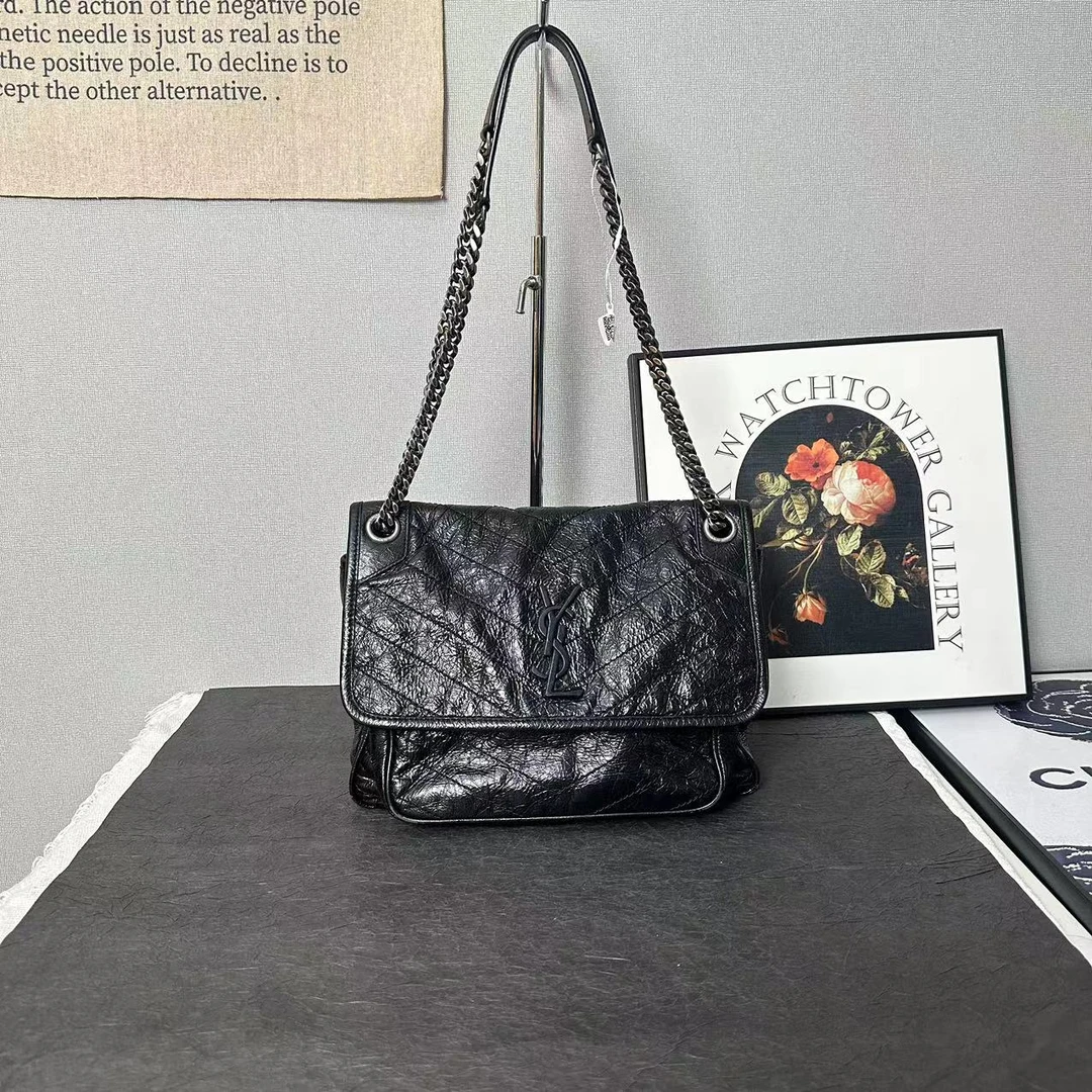 95新 YSL/圣罗兰 ysl黑银油蜡皮niki/斜挎包/单肩包/链条包