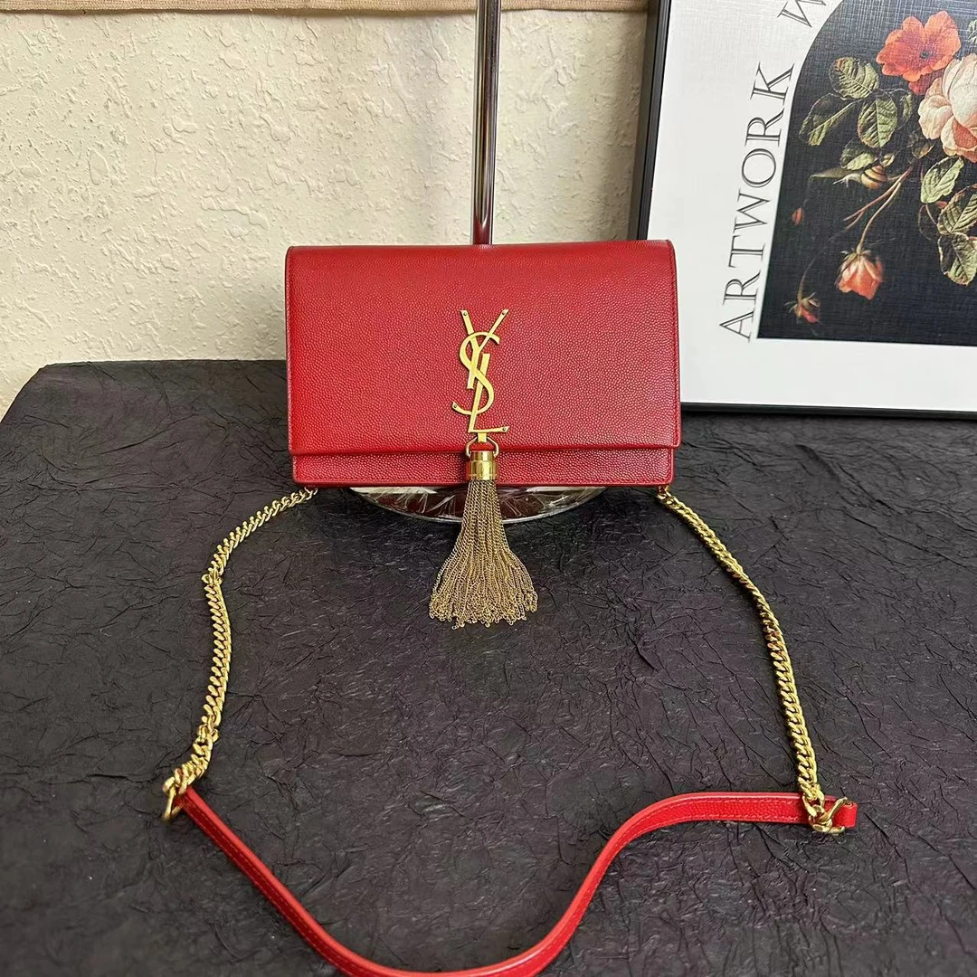 99新 YSL/圣罗兰 ysl荔枝纹链条包/斜挎包/流苏红色翻盖包