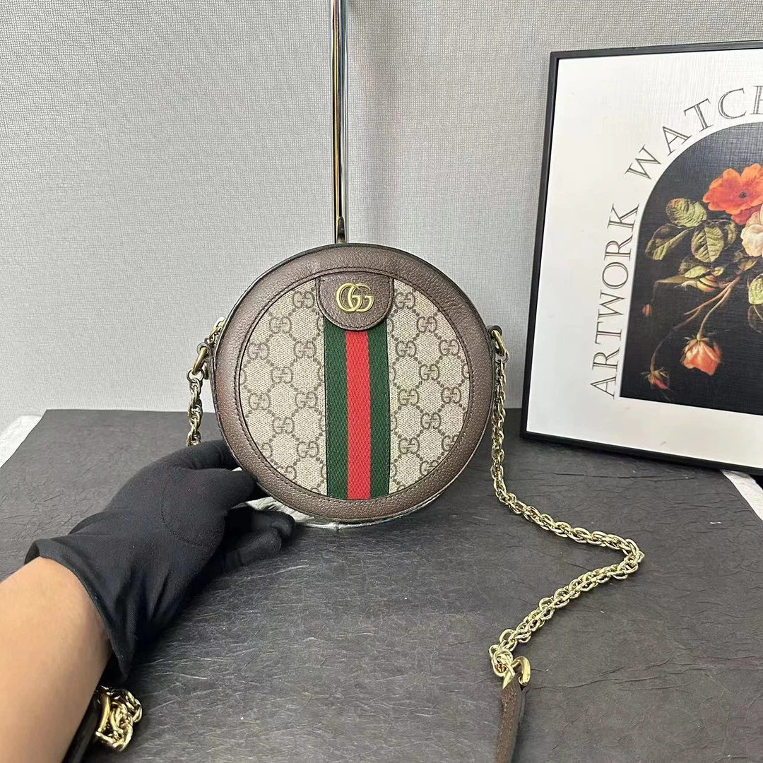 95新 GUCCI/古驰 古驰老花圆饼op斜挎包/单肩包/双g链条包