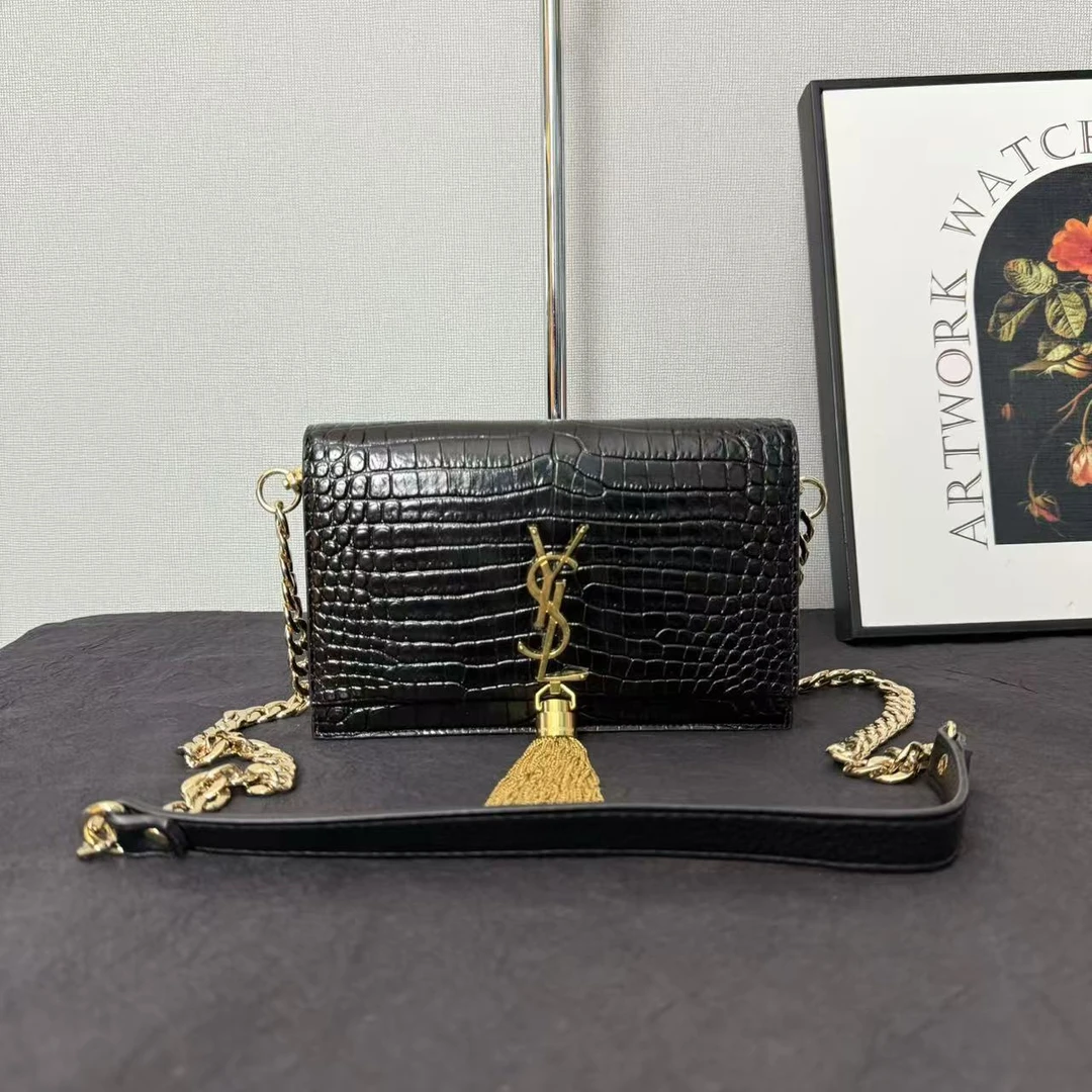 99新 YSL/圣罗兰 YSL黑金压纹斜挎包/单肩包/手拿包/斜挎包链条包