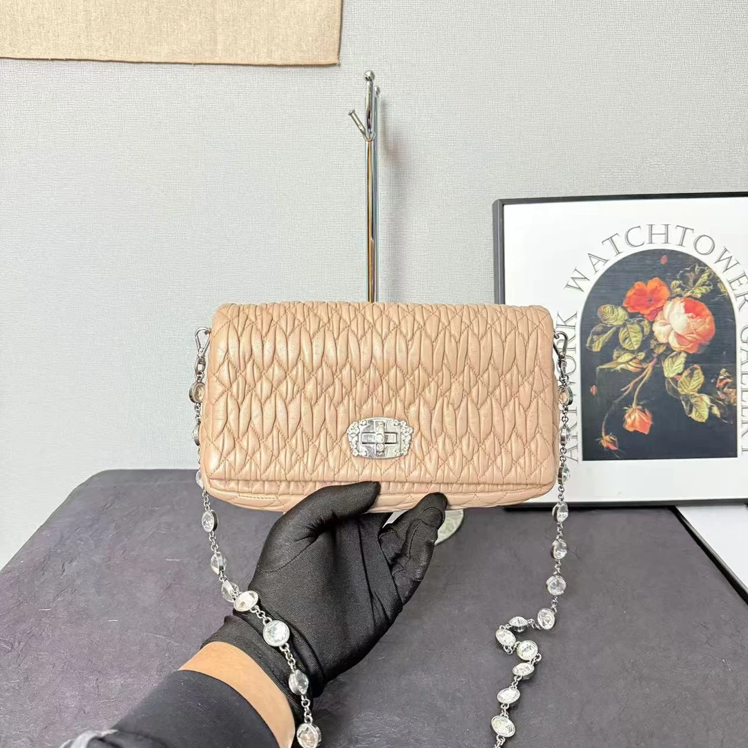 95新 MIU MIU/缪缪 古登中古/缪缪褶皱水晶链条单肩包