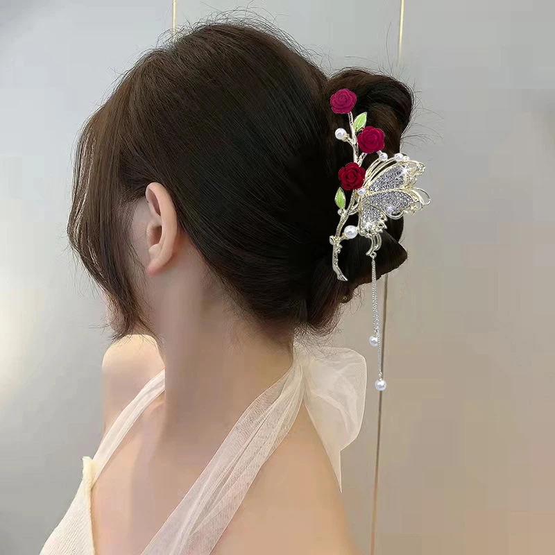 气质玫瑰花鲨鱼夹高颜值抓夹超仙新款网红后脑勺头发夹