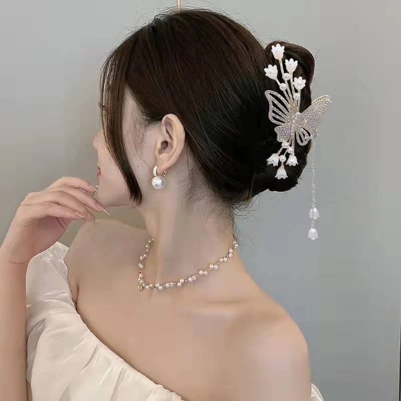 古风国风蝴蝶铃兰花流苏抓夹气质高级感网红后脑勺鲨鱼夹轻奢发饰