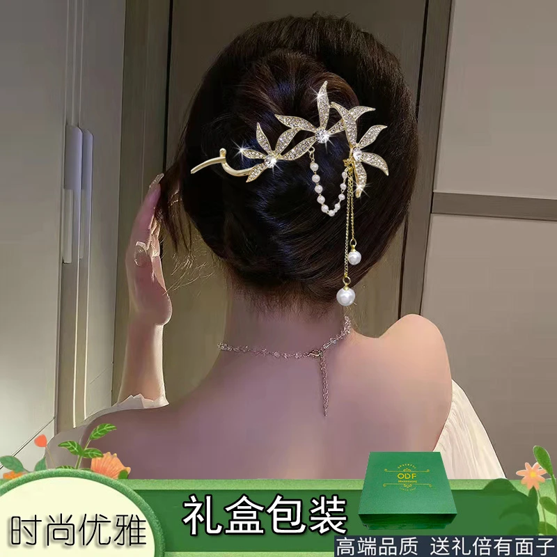 ODF轻奢树叶扣夹水钻青蛙夹新中式一字夹扭扭夹子头饰气质发夹
