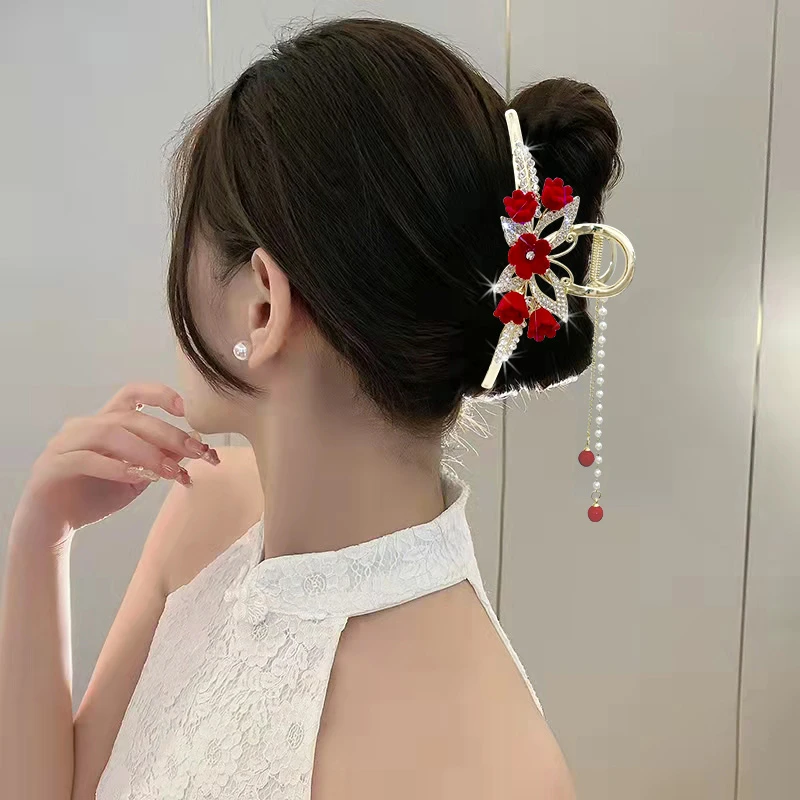 ODF 合金发饰 抓夹大号铃兰花流苏发夹复古百搭头饰后脑勺盘发饰