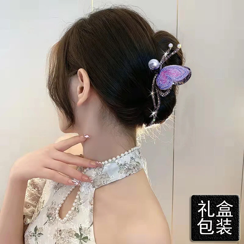 ODF复古刺绣蝴蝶抓夹2023新款后脑勺时尚发夹宫廷鲨鱼夹子