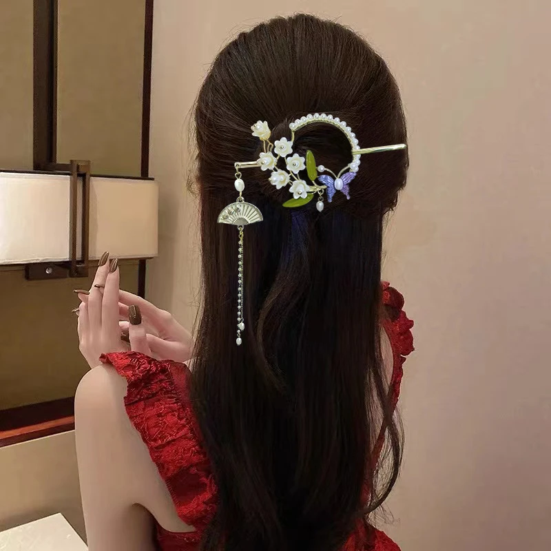 发簪子发钗女新中式流苏旗袍汉服非遗发饰新款蝴蝶檀木绒花发夹