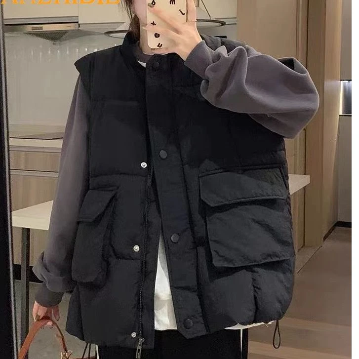 2023秋冬新款棉马甲女士时尚洋气宽松马夹大口袋背心无袖坎肩外套