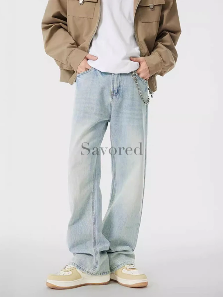 美式高街vibe清水蓝微喇牛仔裤男女时尚高级感百搭拖地长裤宽松