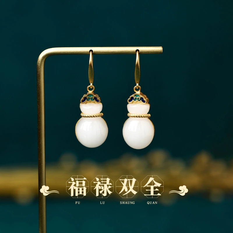 合金仿水晶耳饰 中国风元素设计珐琅祥云葫芦钱袋耳环镶嵌仿玉石