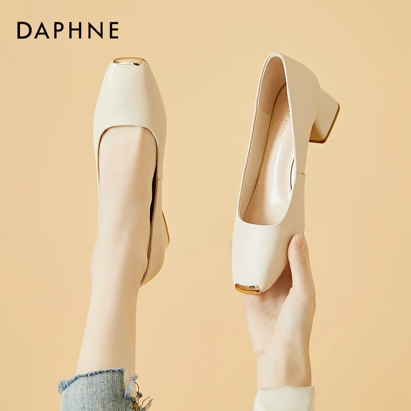 达芙妮真皮单鞋女2025年春秋季新款上班职业皮鞋女软底粗跟高跟鞋