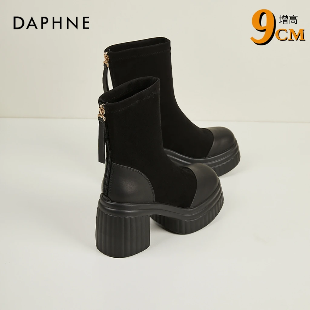 达芙妮小个子秋冬季高跟鞋瘦瘦靴女2025新款短靴爆款黑色粗跟靴子