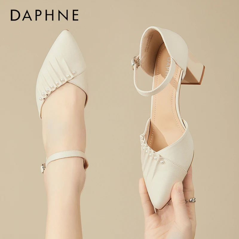 达芙妮珍珠玛丽珍高跟鞋女秋季浅口尖头粗跟单鞋仙女风一字带凉鞋