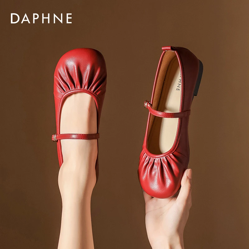 达芙妮玛丽珍女鞋低跟软皮奶奶鞋圆头浅口温柔单鞋红色平底豆豆鞋