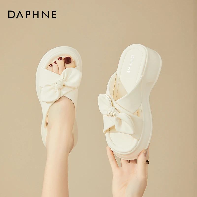 达芙妮厚底拖鞋女外穿时尚夏季2025新款蝴蝶结软底增高白色凉拖鞋