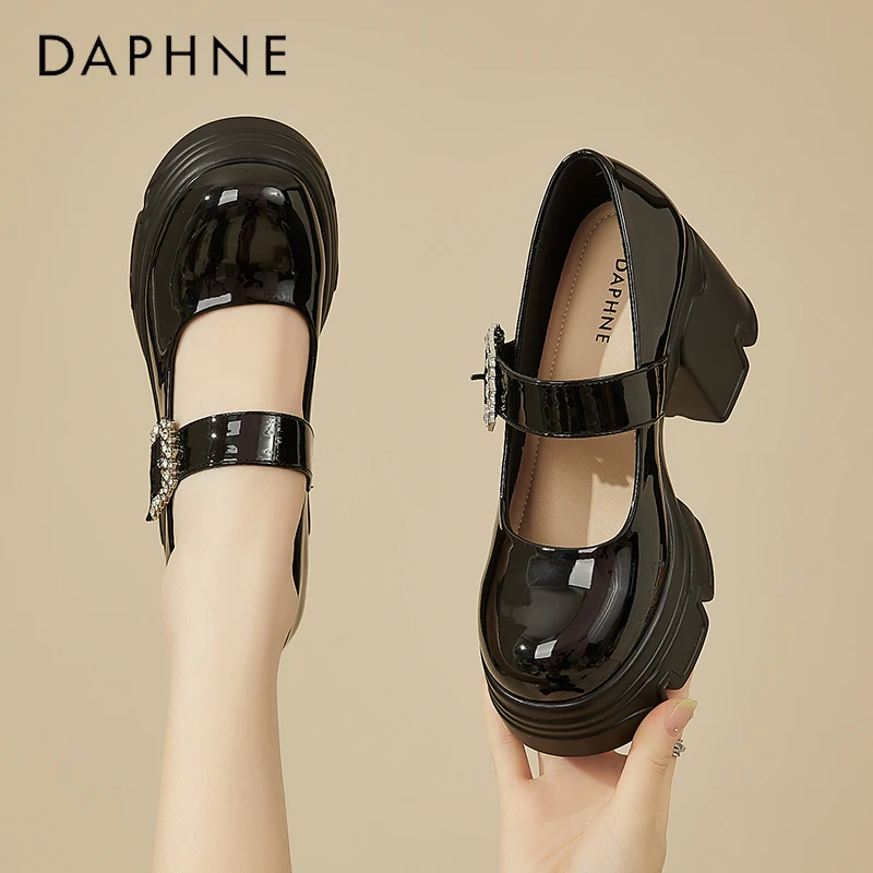 达芙妮法式粗跟玛丽珍女鞋黑色百搭显高单鞋圆头厚底8公分小皮鞋