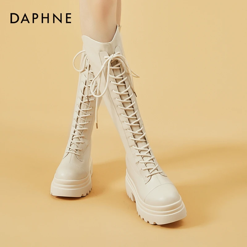 达芙妮骑士靴女长筒靴2025冬季新款加绒靴子米白色内增高马丁靴女