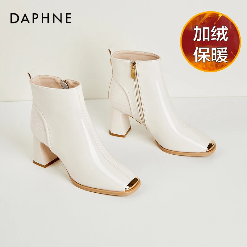 达芙妮亮皮粗跟马丁靴女秋冬新款短靴方头气质高跟鞋加绒瘦瘦靴子