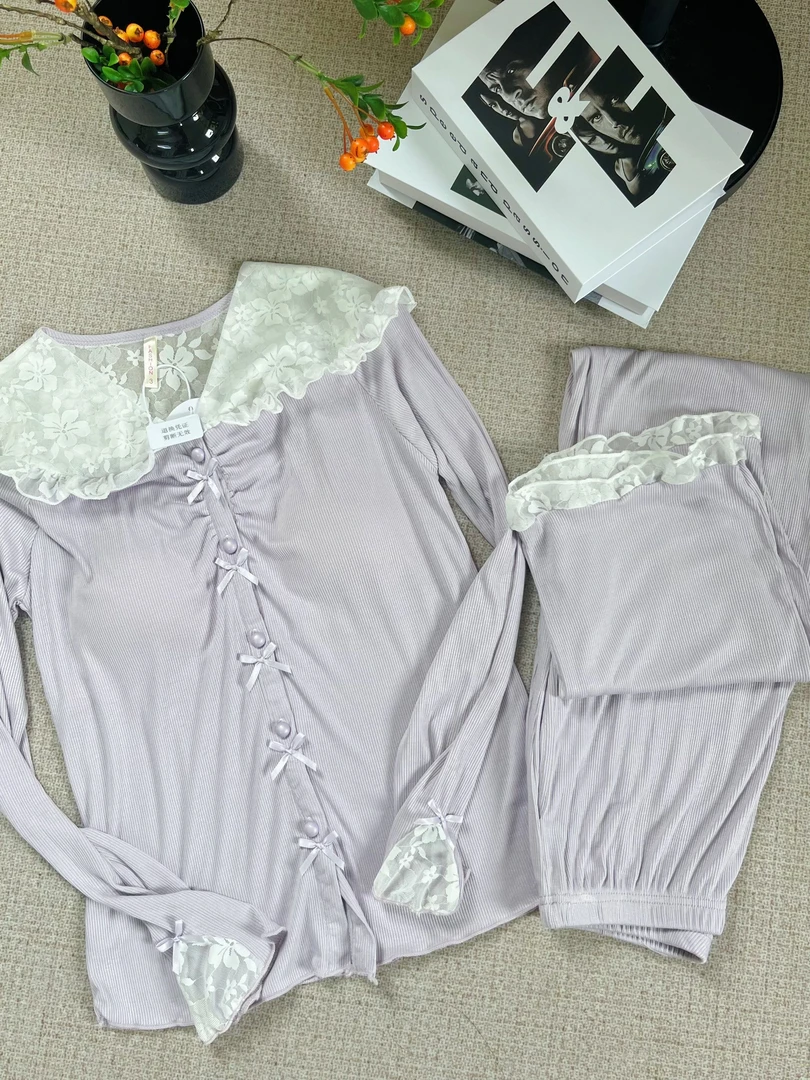 长袖长裤莫代尔睡衣女带胸垫一体春秋家居服套装