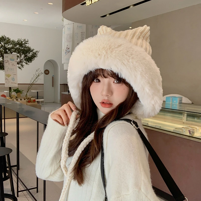 女秋冬季帽子百搭毛绒可爱保暖白色护耳帽猫耳朵毛毛檐防风针织帽