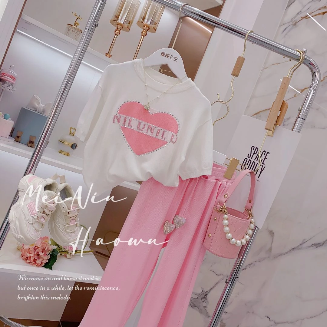 夏季2023女童套装中大童儿童爱心烫钻上衣时尚百搭T恤63201T215
