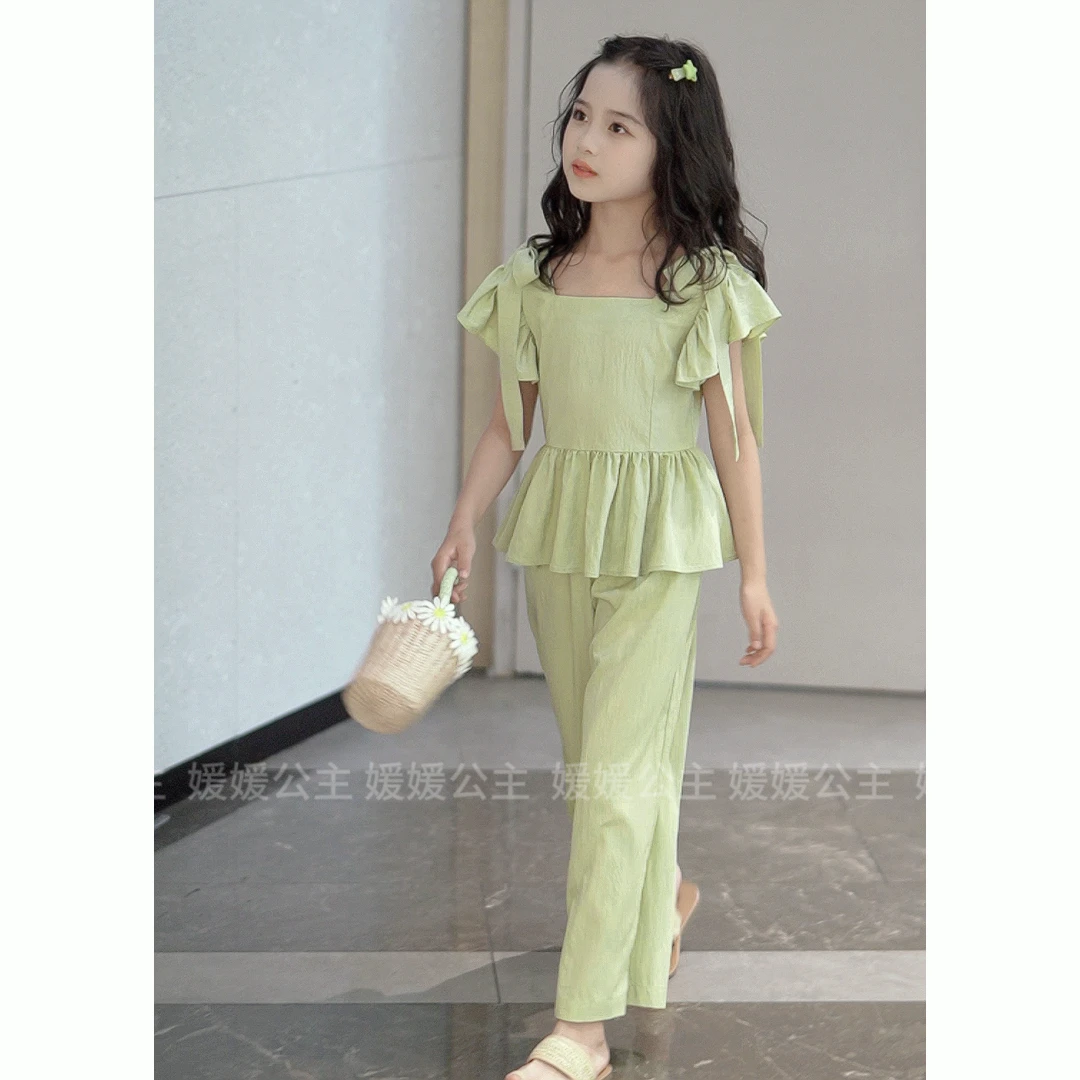 媛媛公主【绿草如茵】2024夏季女童中大童泡泡袖休闲套装14250Q176