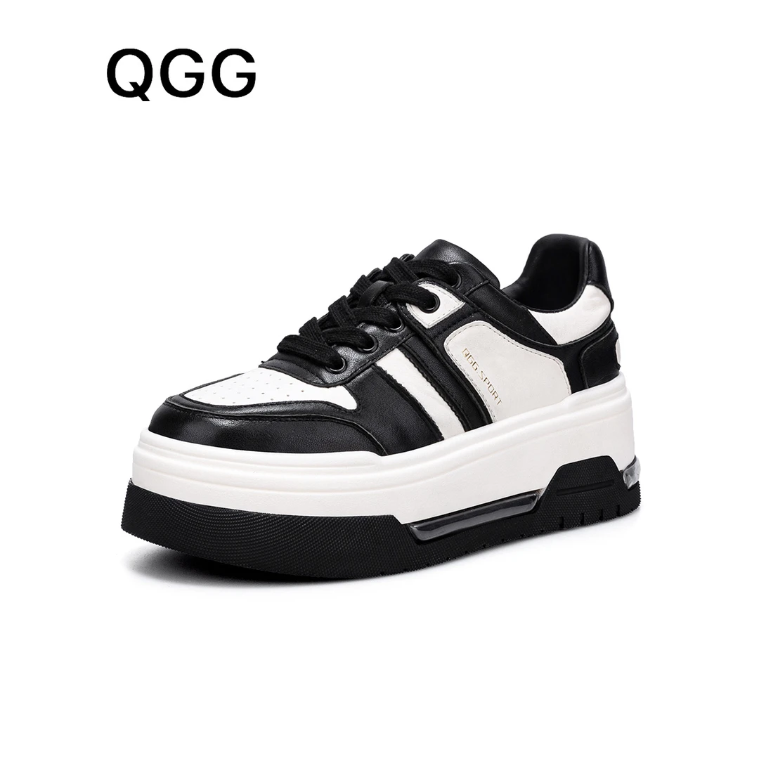 QGG真皮百搭板鞋24新款厚底时尚潮鞋低帮系带休闲女鞋小白鞋88011